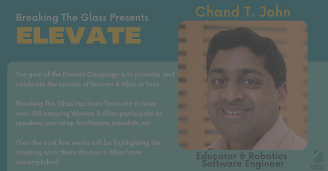 Slide entitled Breaking The Glass Presents ELEVATE with picture of Chand John